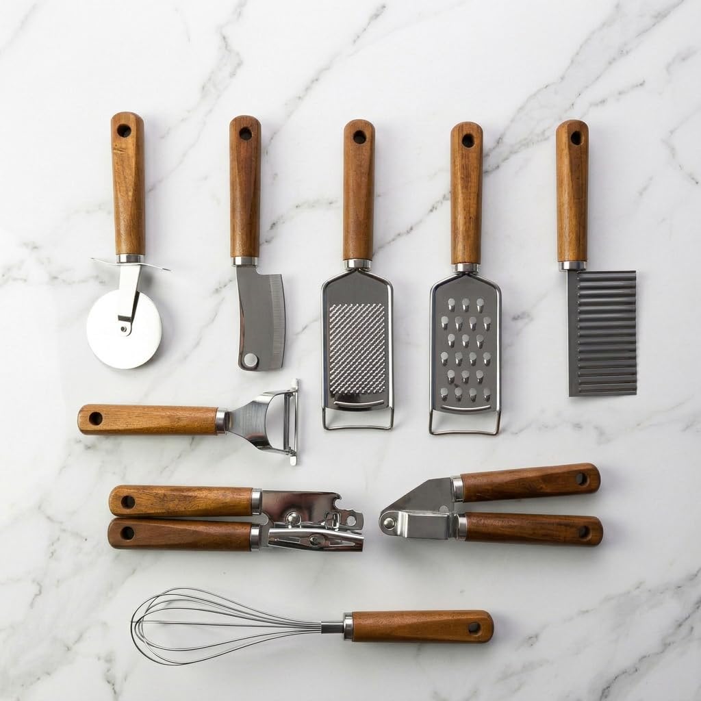 Downtown 9-in-1 Premium Kitchen Tool Set, Stainless Steel Utensils with Ergonomic Wooden Handles, Includes Graters, Pizza Cutter, Garlic Press, Whisk, Peeler & More, Multi-Function Cooking Gadgets.