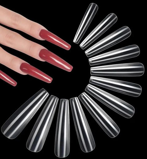 240pcs Ballet Coffin Nails Set - Long Transparent Acrylic False Nails with Glossy Finish, Pure Color Full Cover French Ballerina Fake Nail Tips in 12 Sizes for Nail Salon & DIY
