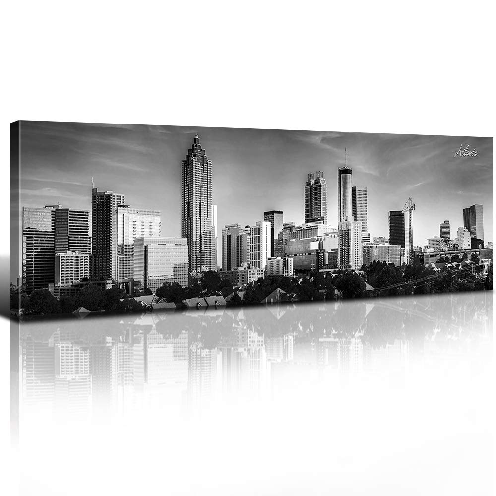 Black and White Atlanta City Wall Art USA Cityscape Photography Prints Canvas Artwork Downtown Panoramic Pictures Wall Decor for Living Room Skyscraper Paintings Office Kitchen Home Decorations 14x48”