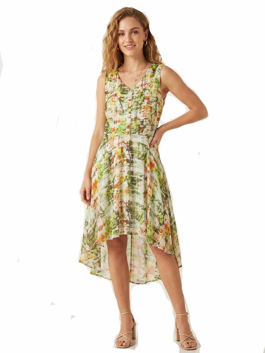 Women's Floral Chiffon Midi Dress - Sleeveless V-Neck with Front Buttons, High-Low Asymmetrical Hem (Size M), Fully Lined with Long Hidden Side Zipper (Thomas & Splendor)