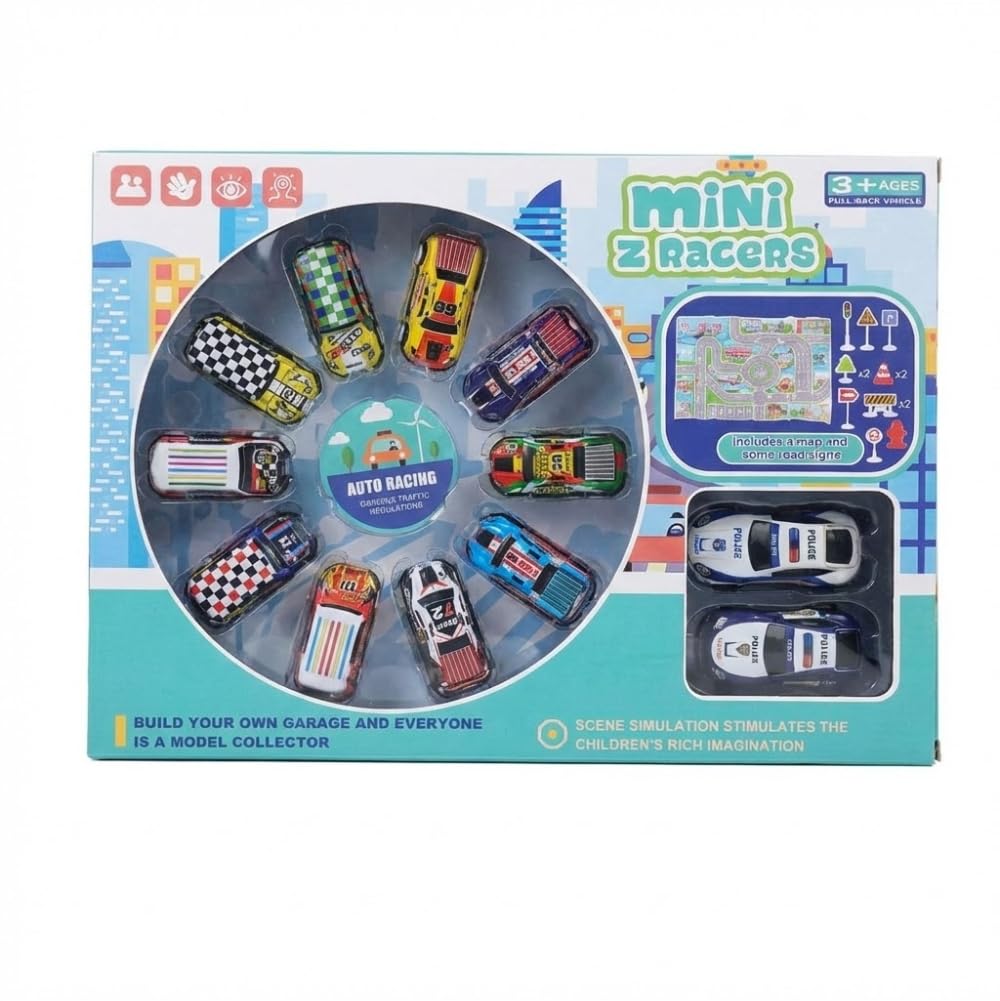 12 Piece Mini Race Car Set with City Map and Traffic Signs, Metal Pull Back Model Cars for Boys and Girls, 3+ Years Old