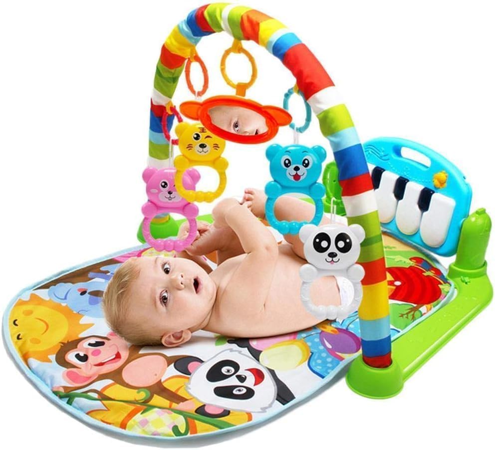 Play Floor Baby Mat and Play Piano Gym Mat – Infants Musical Activity Center with 5 Hanging Sensory Toys and Early Education Floor Playmat