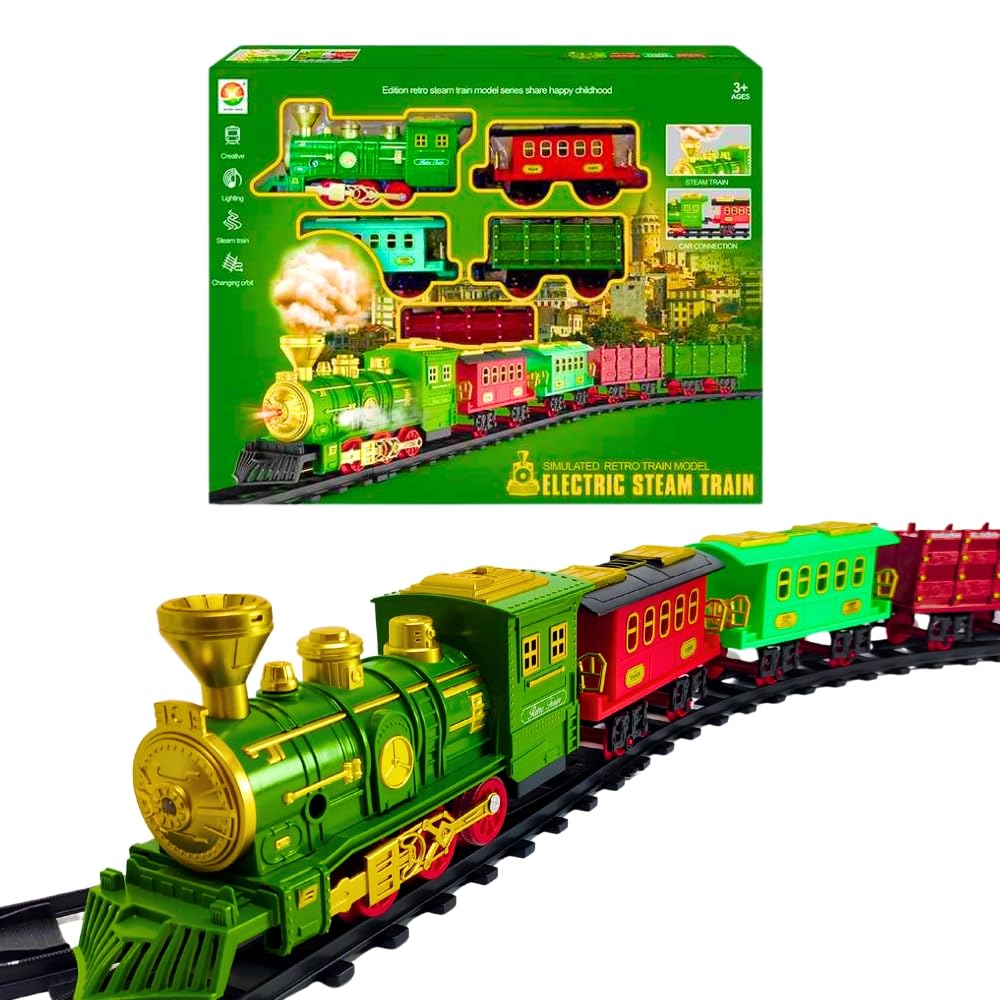 Classic Toy Train with Railway, Passenger Carriages and Cargo Track Plastic Battery Operated Fun for Boys and Girls