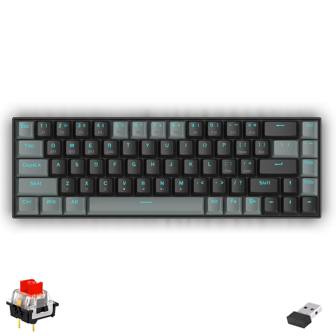 Redragon K662 Gwern Dual Mode Wireless, Bluetooth Gaming Mechanical Keyboard, Red Switch, With no led light, Egnlish and Arabic layout, hot swappable switches, works with AA Battery (Black Grey)