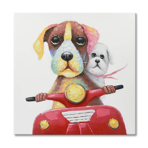 7Fisionart Modern Pop Art Decor Funny Animal Dog Painting Colorful Puppy on Red Motorcycle Abstract Pet Artwork for Living Room Bedroom Kids Room Decor