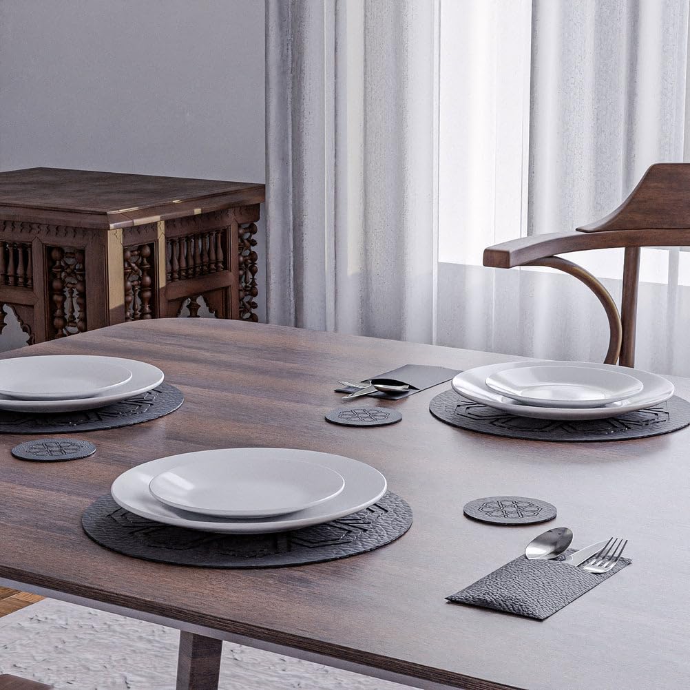 ART MOOD HOME - Nijma Leather Placemats Set – Heat-Resistant Faux Leather Dining Table –Waterproof & Easy to Clean – Black Color - 6 Placemats + 6 Cover Holders + 6 Coasters – Pack of 18
