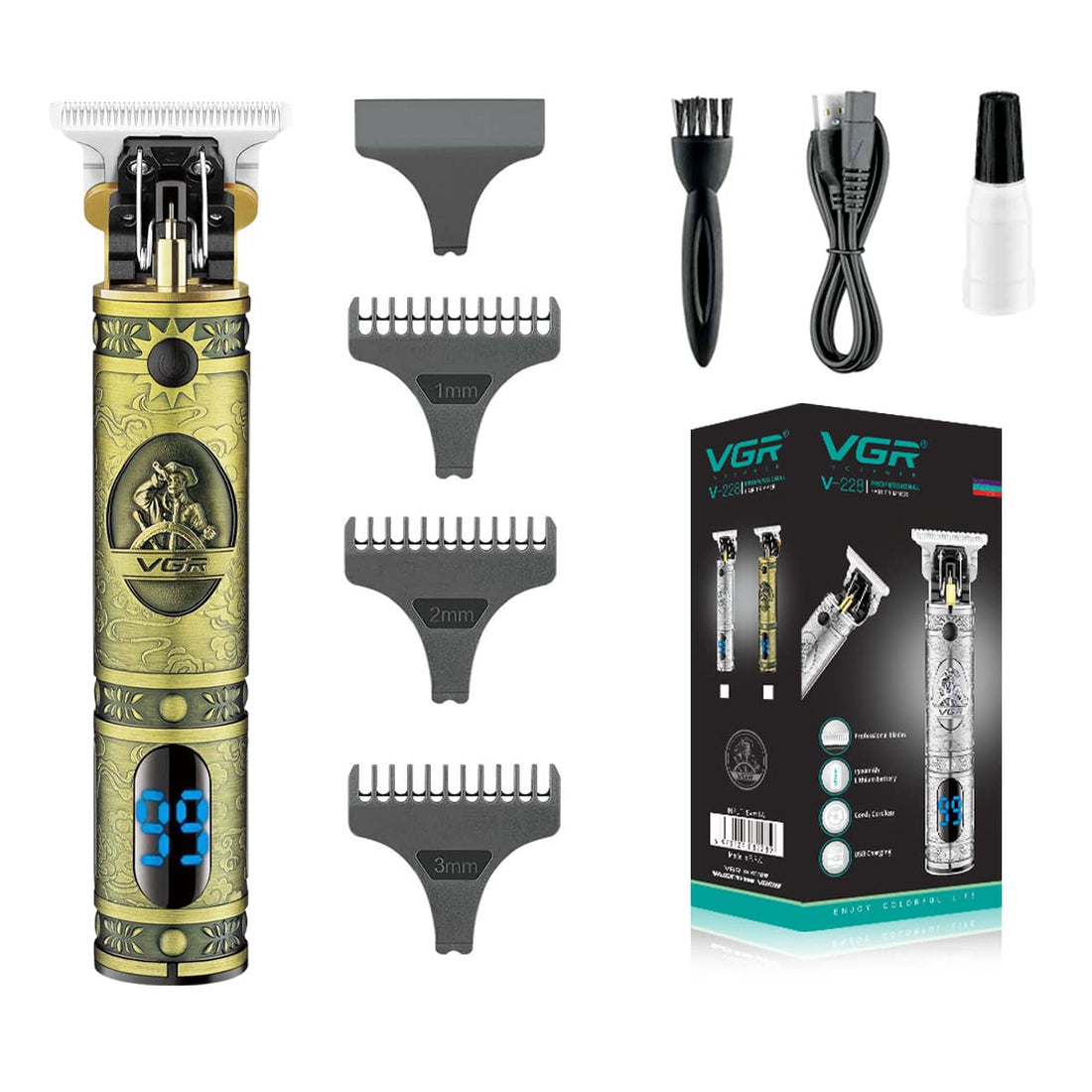 VGR V-228 Digital Display Pro Li Outliner Electric Cordless Hair Clippers Rechargeable Grooming Kits T-Blade Close Cutting Trimmer for Men 0mm Bald Head Clipper 1500mAh 180 mins Runtime, Golden