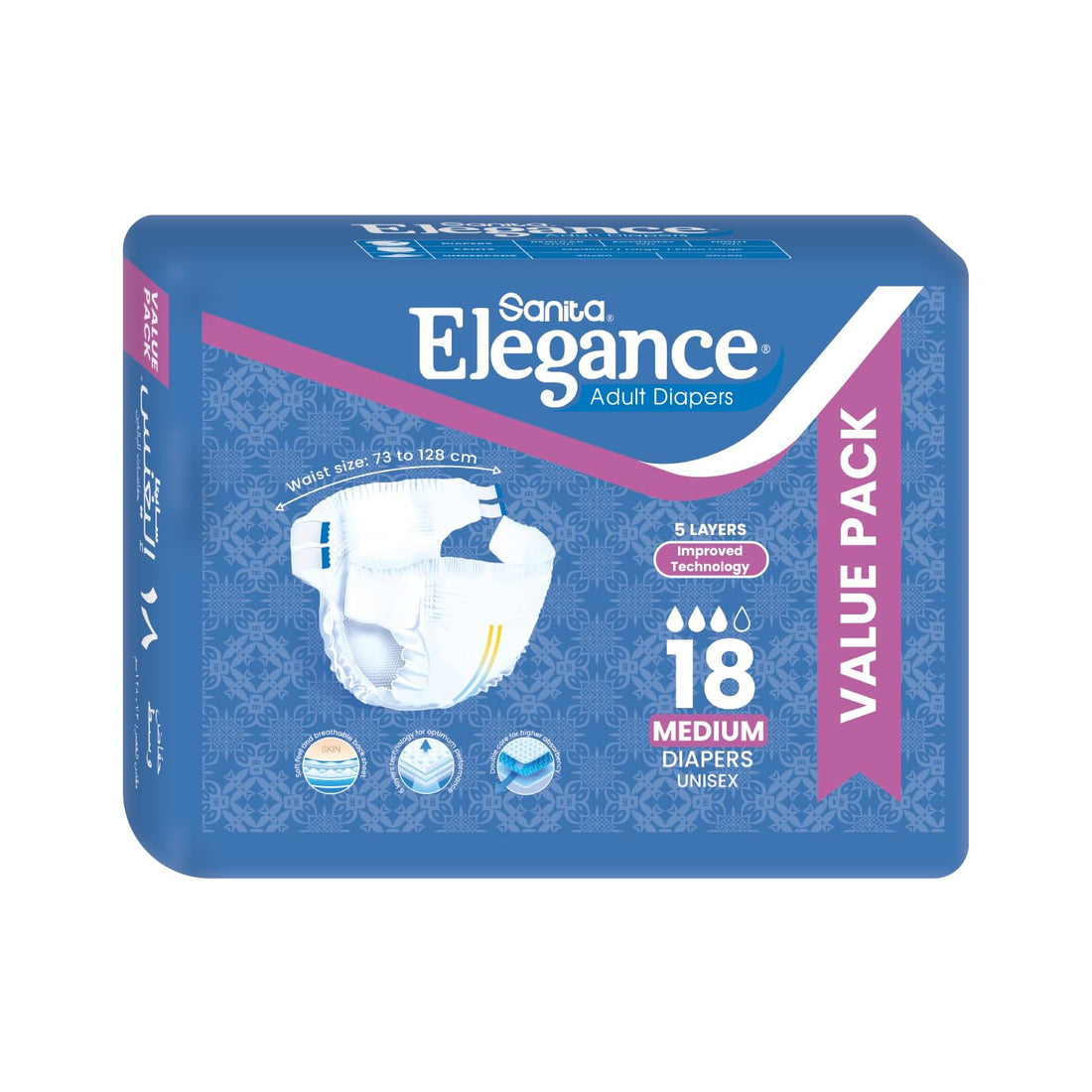 Sanita Elegance Adult Diapers Medium 18 Diapers