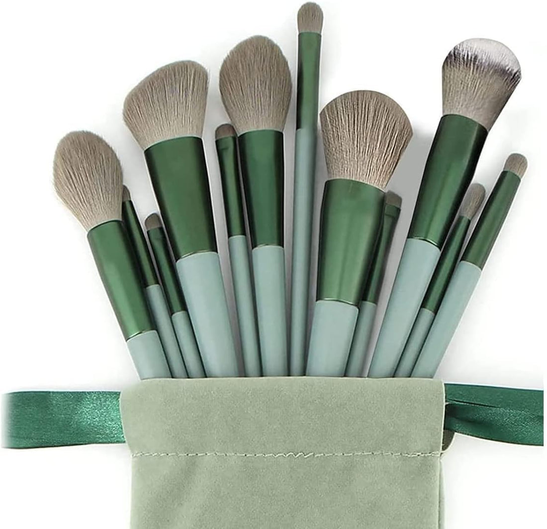 Makeup Brushes 13 Pieces Fiber Bristles Super Soft Everyday Makeup Portable, Storage Bag Included Emerald Touch Brushing Beauty to New Heights
