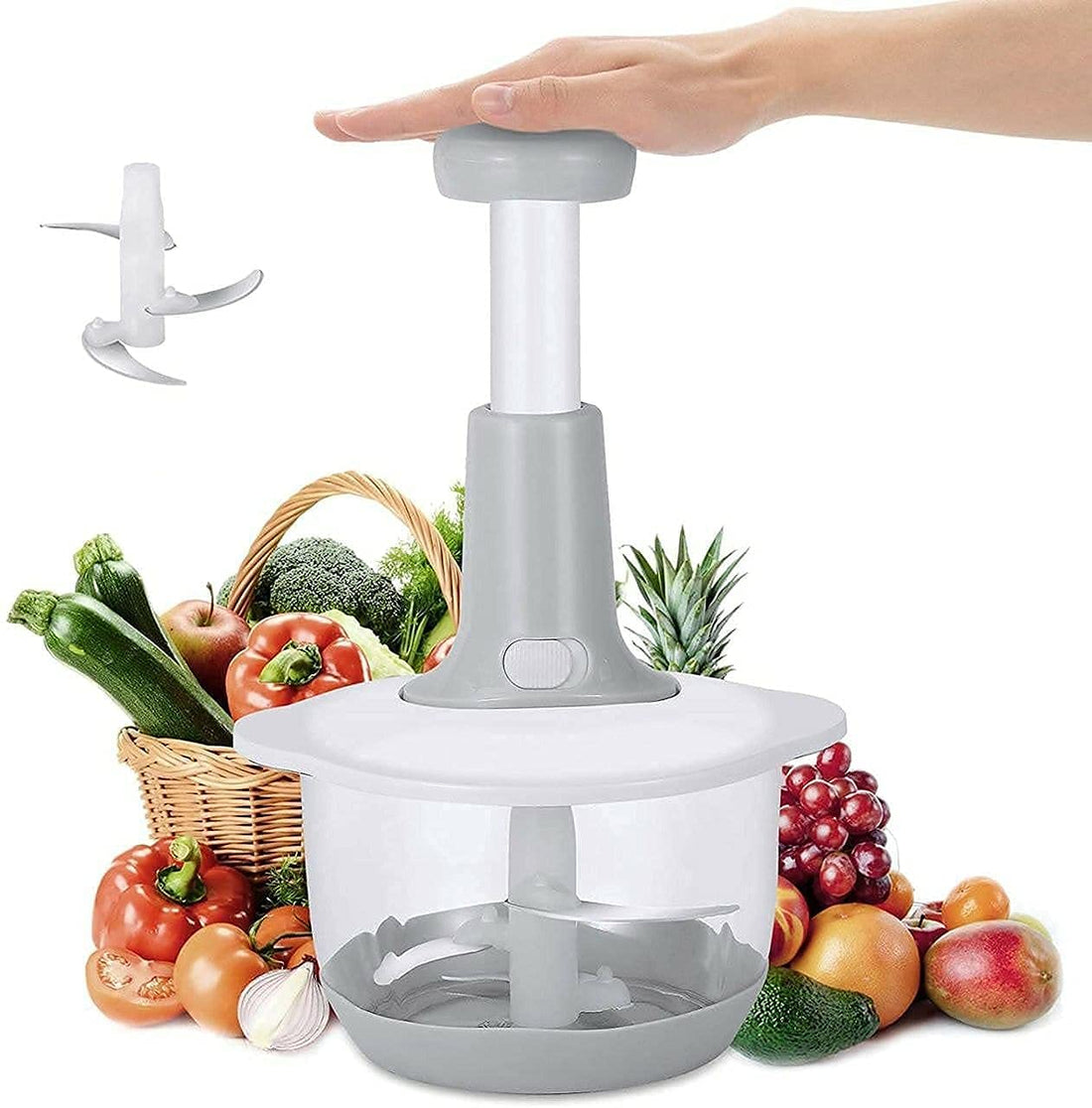 Manual Speedy Hand Press Food Chopper-Care Bliss BPA Free Stainless Steel Blade Onion Chopper for Vegetables Fruits Nuts and More-Egg Whisk-Salad Spinner