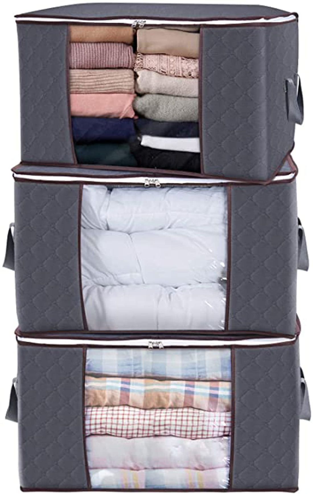 KASTWAVE Large Capacity Clothes Storage Bag, with Reinforced Handle Thick Fabric for Comforters, Blankets, Bedding, Foldable with Sturdy Zipper, Clear Window, 3 Pack, Grey