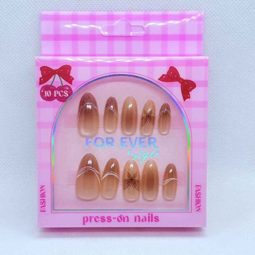 Premium Cat Eye Almond Press On Nails with Nail Art – Glossy Magnetic Reusable Fake Nails for Women – Salon Style Manicure – 12 Trendy Designs (Brown & Nail Art)
