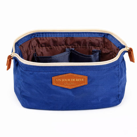 Beauty Cosmetic Bag Makeup Organizer Compact Storage Design Travel Toiletry Pouch With Zipper Mini Handbag Clutch Style Purse Durable Fabric Daily Essentials Case (Navy Blue)
