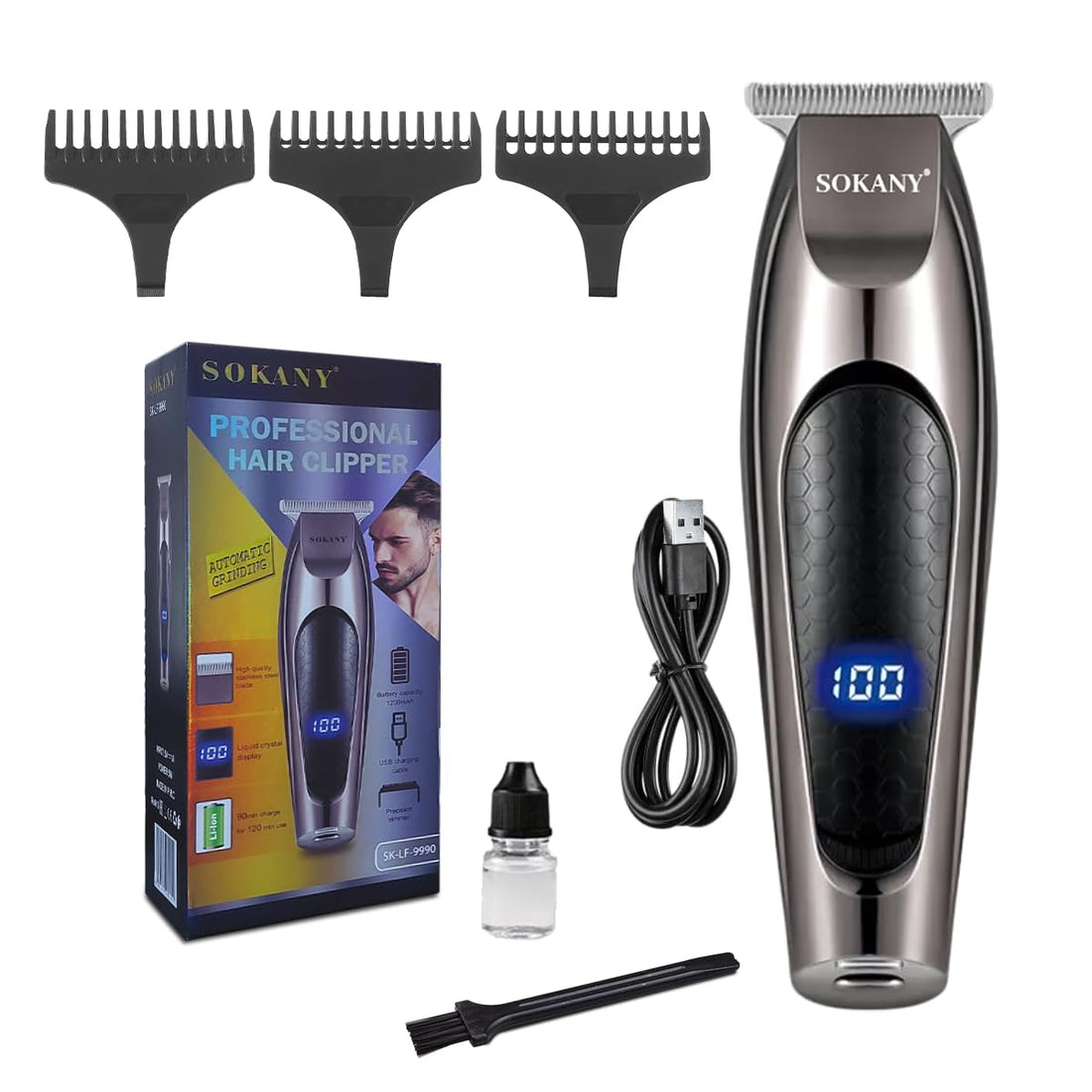 SOKANY Hair Shaver & Clipper, Professional Precision Trimming with Stainless Steel Blade, LCD Display, Extended 120-Minute Usage, Non-Slip Design, SK-LF-9990