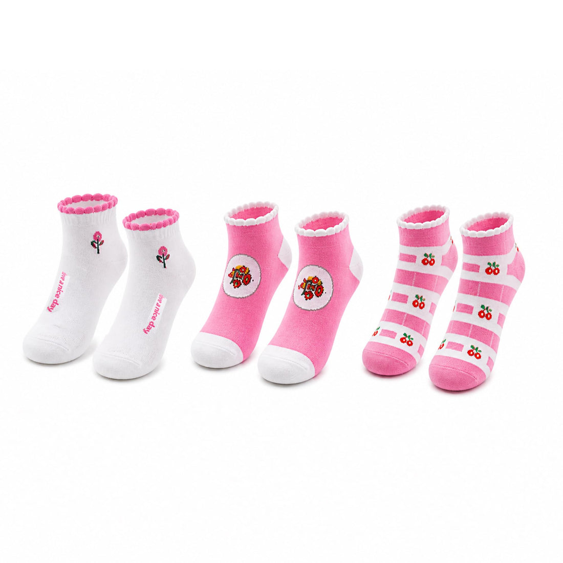 3 Pairs Women's Cotton Short Socks – Cute Pink & White Ankle Socks – Assorted Styles Rose, Strawberry & Stripes – Soft & Comfortable Everyday Use – Light & Breathable – Elastic Fit for Girls & Ladies