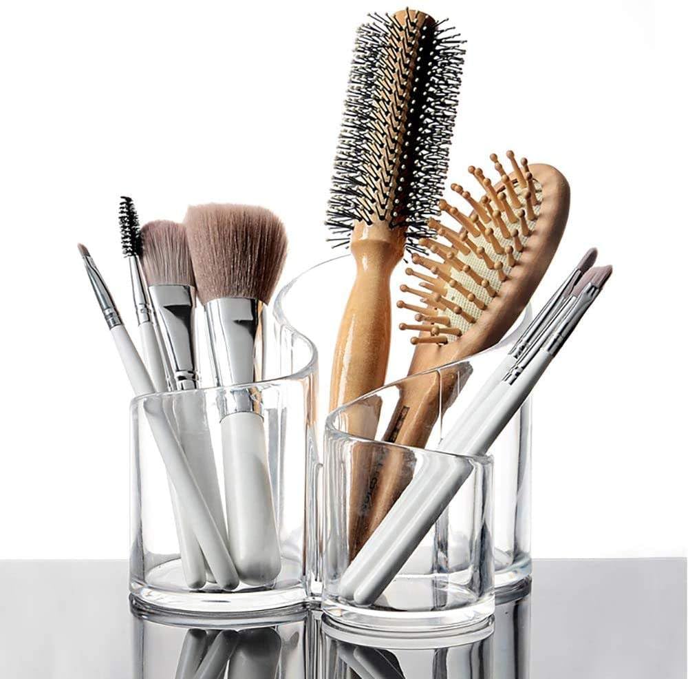 Clear Acrylic Cosmetic Organizer Makeup Brush Holder Hair Care 3 Compartments Clear Design for Easy Visibility.