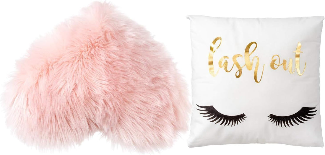Blush Pink Soft Faux Fur Love Heart Throw Pillow Cover & Eyelash Decorative Cushion Case Fluffy Accent for Boho Home Couch Sofa Chair Bed Decorations 18 x 18 inches Set of 2