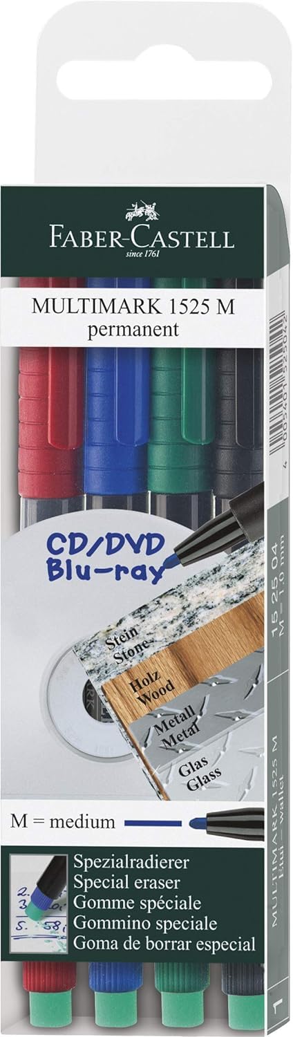 Faber-Castell 1525 Multimark Permanent Marker, Assorted - Set of 4 - Medium