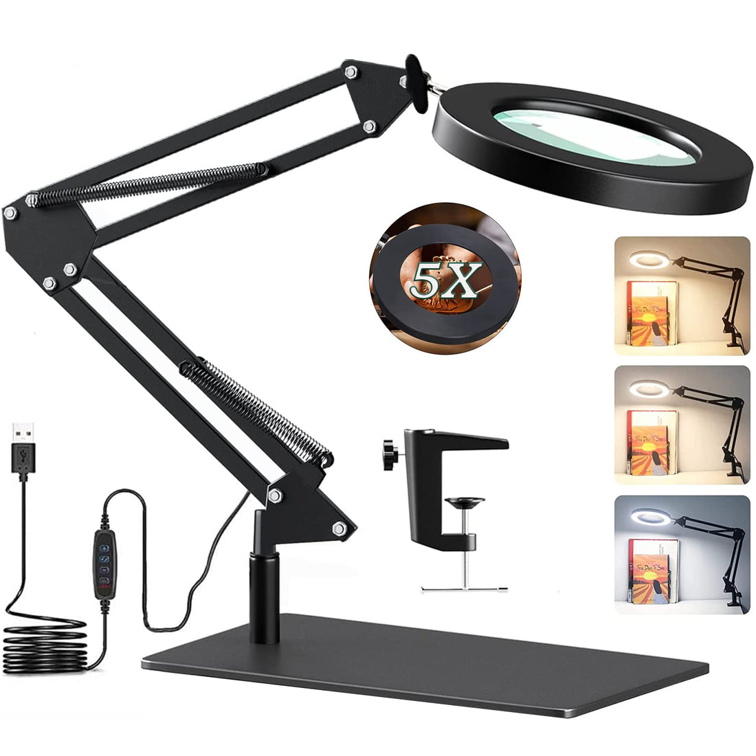 GOI 5X Magnifying LED Desk Lamp with Base & Clamp,Dimmable Magnifying Glass,3 Color Modes,10 Adjustable Brightness 2-in-1Magnifying Glass with Light and Stand,Adjustable Swivel Arm Lamp Craft Light
