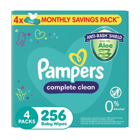 Pampers Complete Clean Scented Baby Wipes, Zero Alcohol, Pack of 4, 256 Wipe Count