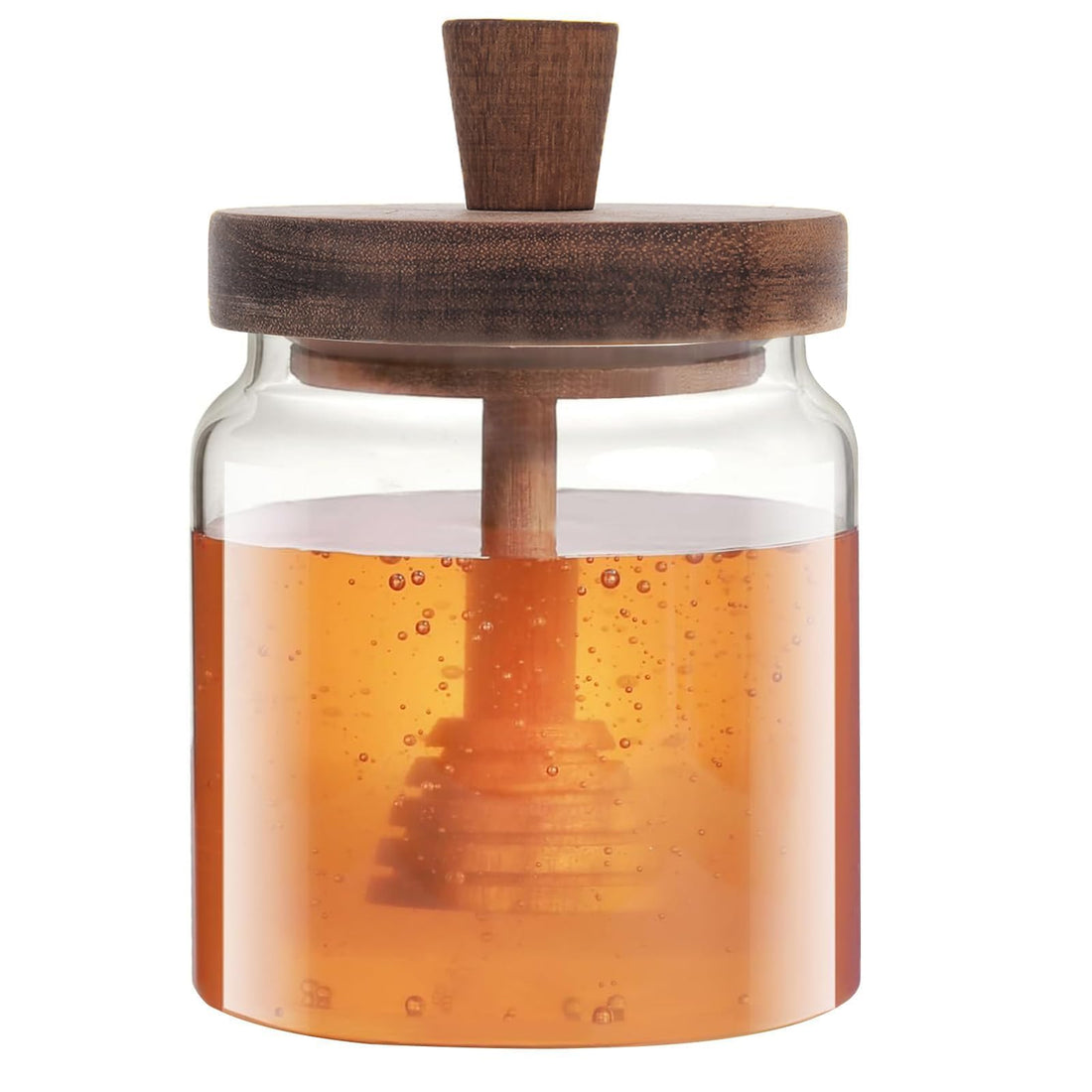 ALMEKAQUZ Glass Honey Pot, Clear Honey Jar with Wooden Dipper and Lid, Honey Holder Syrup Container with Drizzler for Storing Bee Honey Home, Kitchen (560ml)