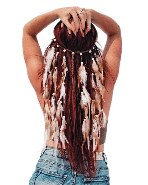 Khazna Feather Hairband Indian Gypsy Headband With White and Brown Tassel Hemp Rope for Festival Masquerades Carnival Hippie Costume Women's Hair Prom Accessories