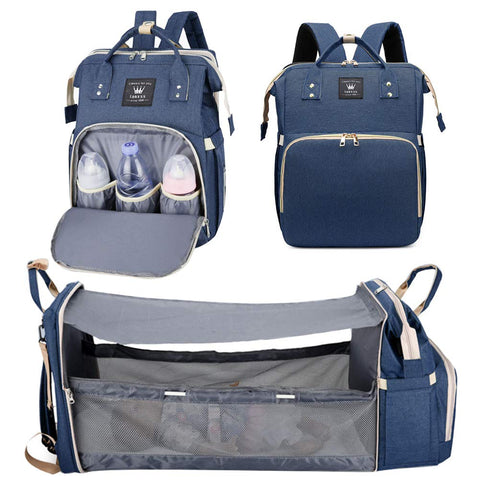 3 in 1 Diaper Bag Backpack Foldable Baby Bed, Blue