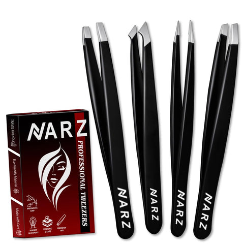 NARZ Professional Facial Hair Tweezers (4 Pcs) - Stainless Steel Precision Tweezers for Ingrown Hair Removal