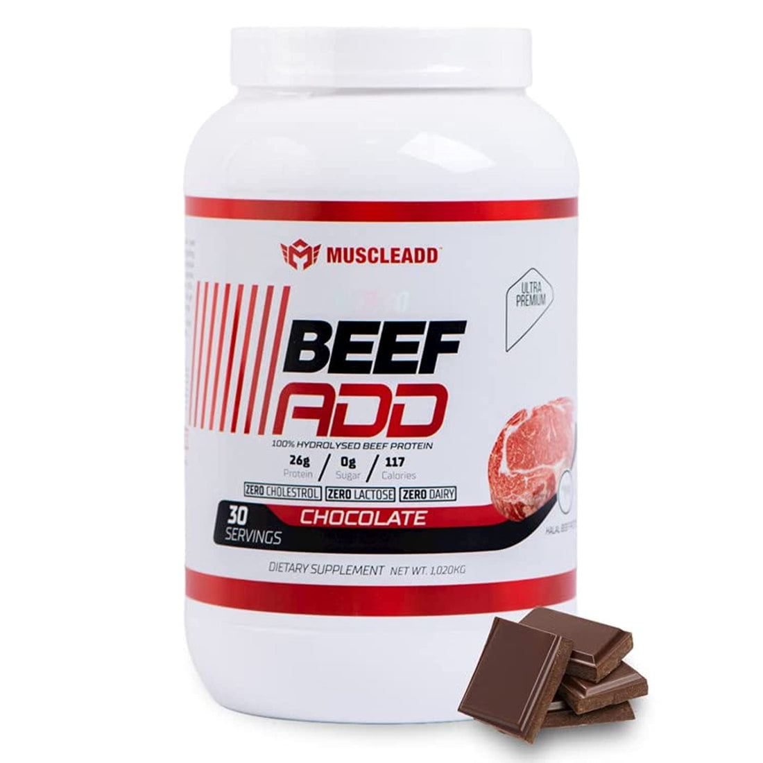 Muscle Add | Hydro Beef Add | Hydrolysed Beef Protein | Chocolate Flavor | Rapid Absorption | Zero Cholestrol | Zero Sugar | Zero Dairy | 26g Protein | 30 servings | Halal | 1020g