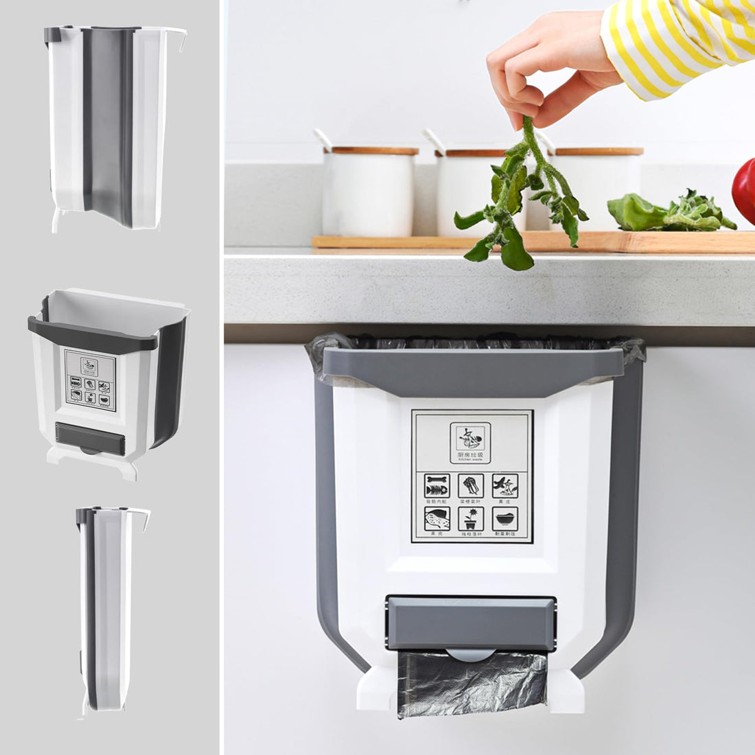 Hanging Kitchen Trash Can, 9-Liter Foldable Waste Bin for Cabinet Doors, Collapsible Small Garbage Container for Under Sink, Car, Bedroom, or Bathroom, Space-Saving Design, White
