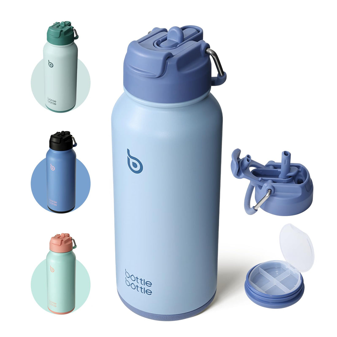 bottlebottle 32 oz Sports Water Bottle Stainless Steel Insulated with Straw and Pill Holder (Blue)