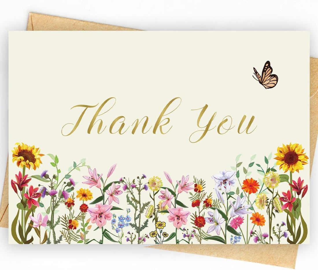 SM4U Floral Thank You Cards with Sunflowers and Butterfly Design, Blank Inside with Kraft Envelopes