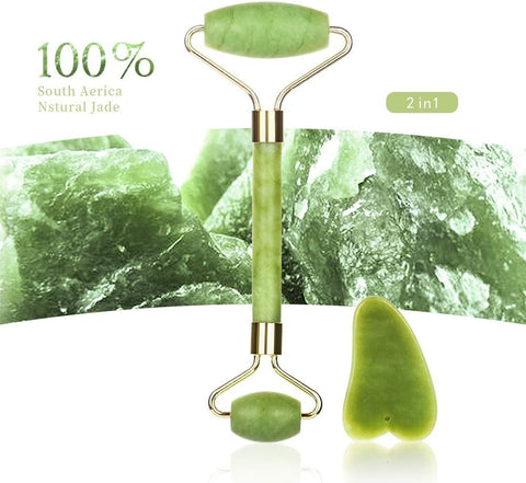 ZOZY Jade Roller & Gua Sha Set for Face and Neck, Real Natural Jade Stone Skincare Massage Tools, Cooling Facial Roller for Daily Beauty Routine, Helps Relax Skin and Improve Appearance