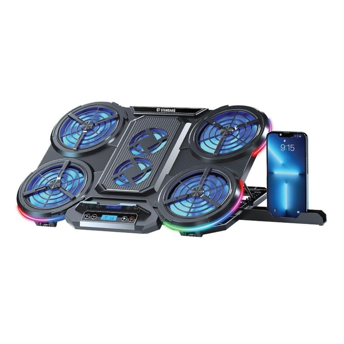 Standard ICE08 Cooling Pad Gaming Laptop Stand With Mobile Holder – 6x Blue LED Fans Multi Speed – LCD Screen – RGB Side Lights – 2 x USB -12 UP to 17 Inch | Black