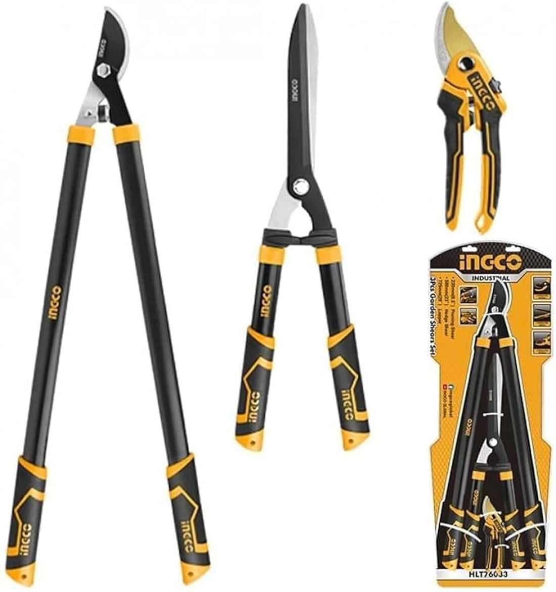 INGCO 3 Piece Tree Scissors Set, Heavy Duty, Ambidextrous, Classic, Bypass - Yellow
