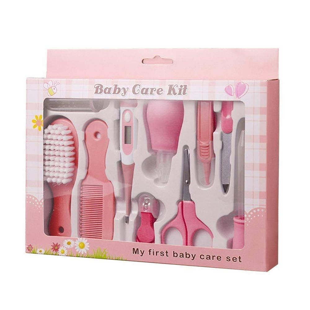 TEEROVA Baby Grooming Kit 10pcs Newborn Nursery Health care Set Baby Nail Clipper File Scissor Tweezer Thermometer Brush Comb (Pink)