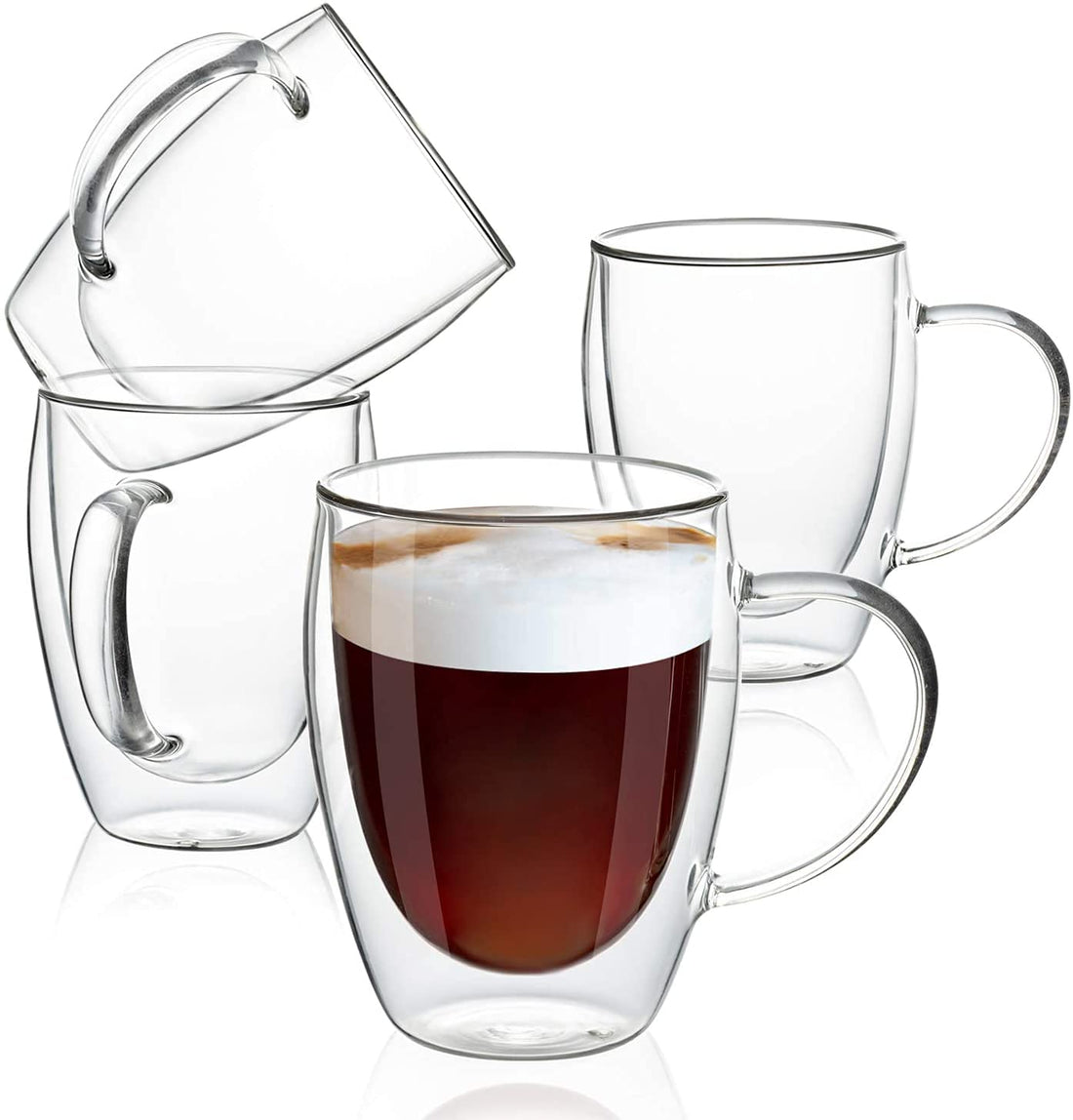 Jorunb Double Wall Glass Coffee Mugs, Insulated Coffee Glass, Clear Espresso Cups, Tea Cups, Latte Cups, Beverage Glasses, Heat Resistant, Dishwasher Microwave Safe (4, 12oz-350ml)