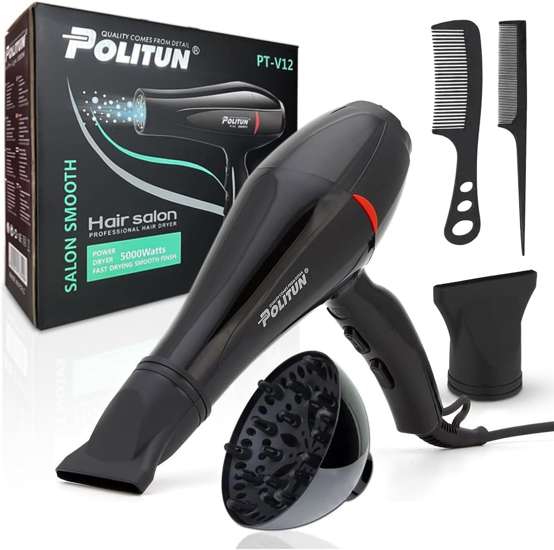 Professional Hair Dryer - 5000W, Quick Dry, Powerful Motor, 3 Temperature Settings, 2 Speeds, Detachable Air Condenser, Overload Protection, PT-V12, Black