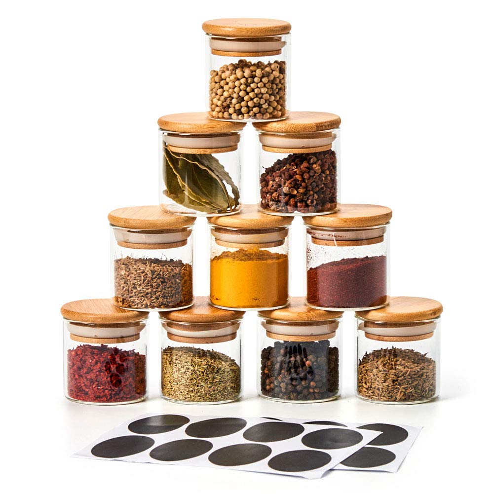 EZOWare Set of 10 Glass Spice Jars 70 ml, Airtight Small Jars with Bamboo Lid for Storage