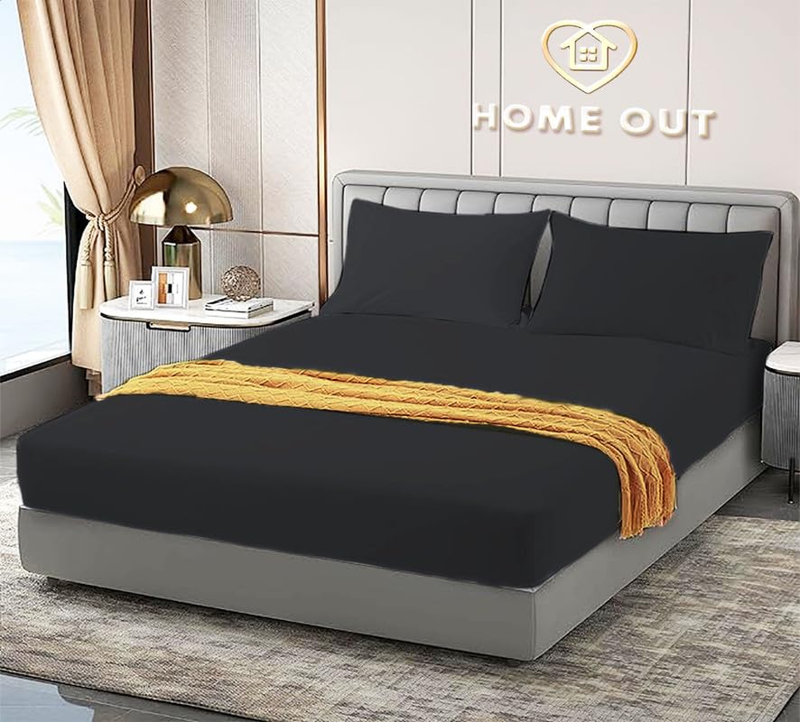 Elastic Bed Sheet Set with 2 Pillowcases - High Quality Egyptian Cotton - Fits Single & Master Beds - Home Out Master beds (180cm*200cm) Black