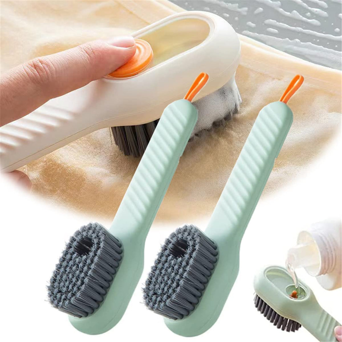 2 in 1 Multifunction Cleaning Brush, Liquid Adding Soft Fur Cleaning Brush, Multifunctional Shoe Brush with Liquid Box, Cleaning Brush Liquid Soap Dispenser Shoes Dish Scrubber (2pcs Green)