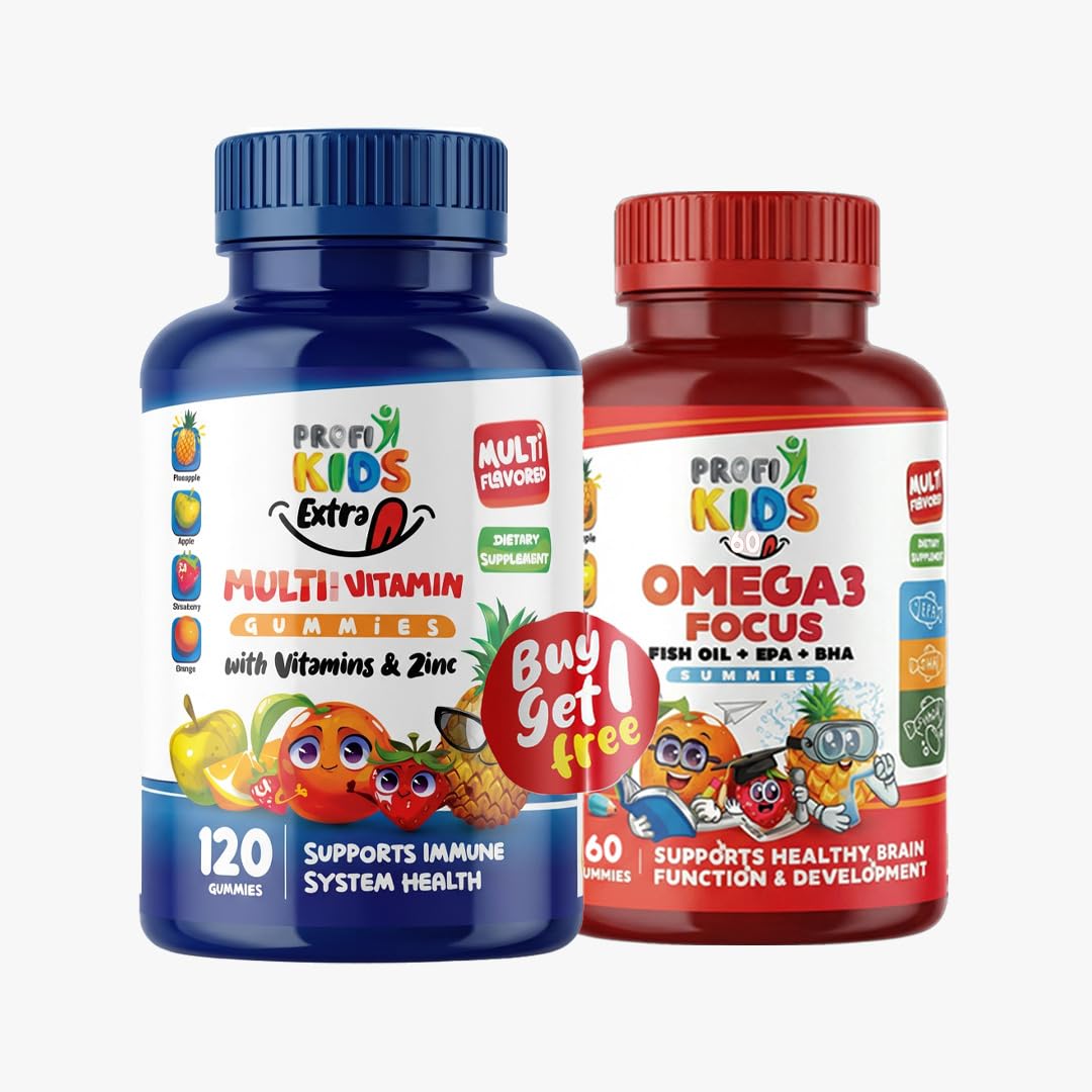 Profikids Multi-Vitamin Gummies with Vitamins & Zinc 120 Count + Omega 3 Focus Fish Oil Gummies 60 Count, Multi-Flavored Bundle for Kids