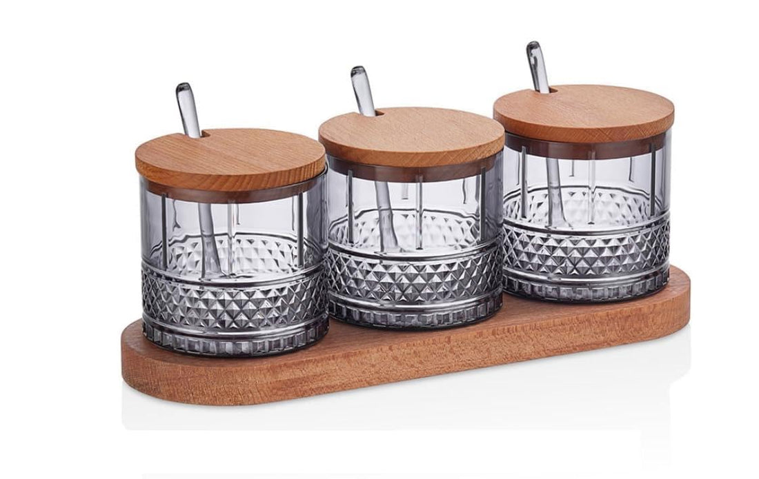 Obje Ruby Spice Jar Set – 3 Pieces with Spoon, Embossed Acrylic, Wooden Lid, and Wooden Stand, W70S3-Multicolor