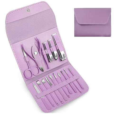 hanso Manicure Set, Manicure Pedicure Set, Professional Pedicure Kit for Men & Women, Stainless Steel Nail Clippers, Scissors & Grooming Tools with Luxury Leather Case, 16 in 1 (Purple)