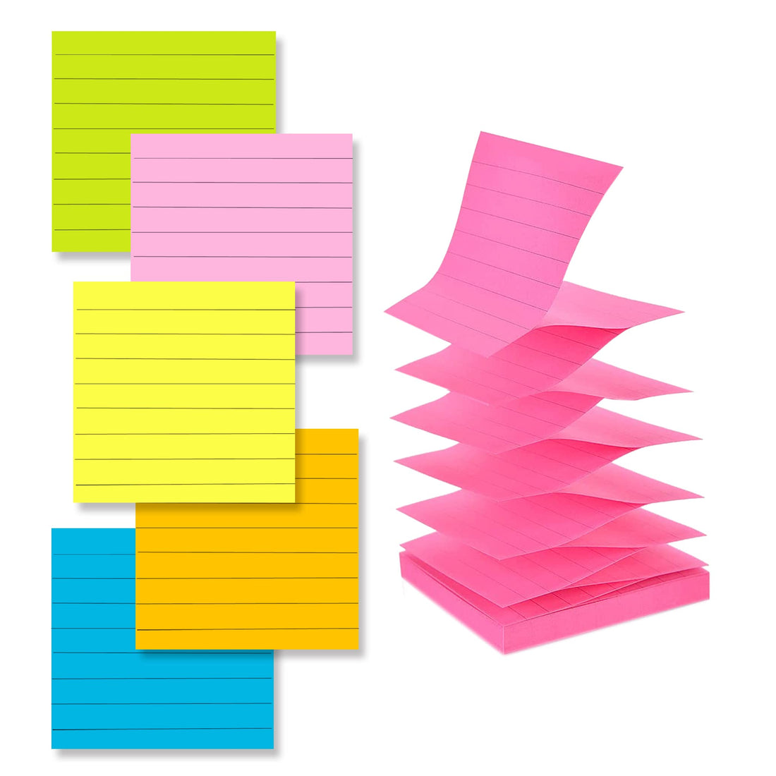 6 Pads Pop Up Sticky Notes with Lines 3x3 Inches Accordian Sticky Notes 6 Neon Bright Color Self-Stick Pads Easy to Post 80Sheet/pad (80sheets/Pad)