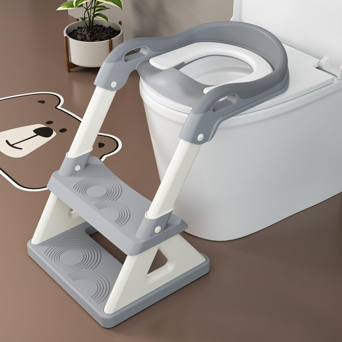 Potty Training Toilet Seat with Step Stool Ladder, Upgrade Triangular Stabilized Base 2-in-1 Toddler Toilet Seat with Splash Guard, Anti-Slip Pad, and Step Stool (Grey)