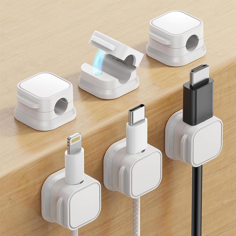 LONIMIA Magnetic Cord Holder,6 Pack Cable Organizer Adhesive Charger Cable Management Clips Smooth Adjustable Wire Holder Keeper Cord Organizer Cable Clip for Home Office Wall Desktop Nightstand-White