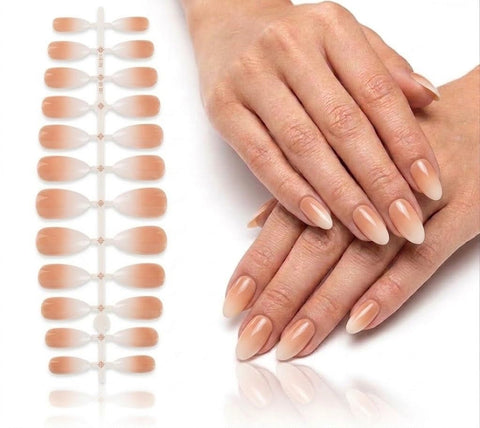 24pcs SHORT Size Finished Design With UV Gel Press On Nails Coffin OVAL Shiny False Nails Full Cover Artificial Fake Nail Art Tips- Comes With 1 SHEET DOUBLE FACE (N002)