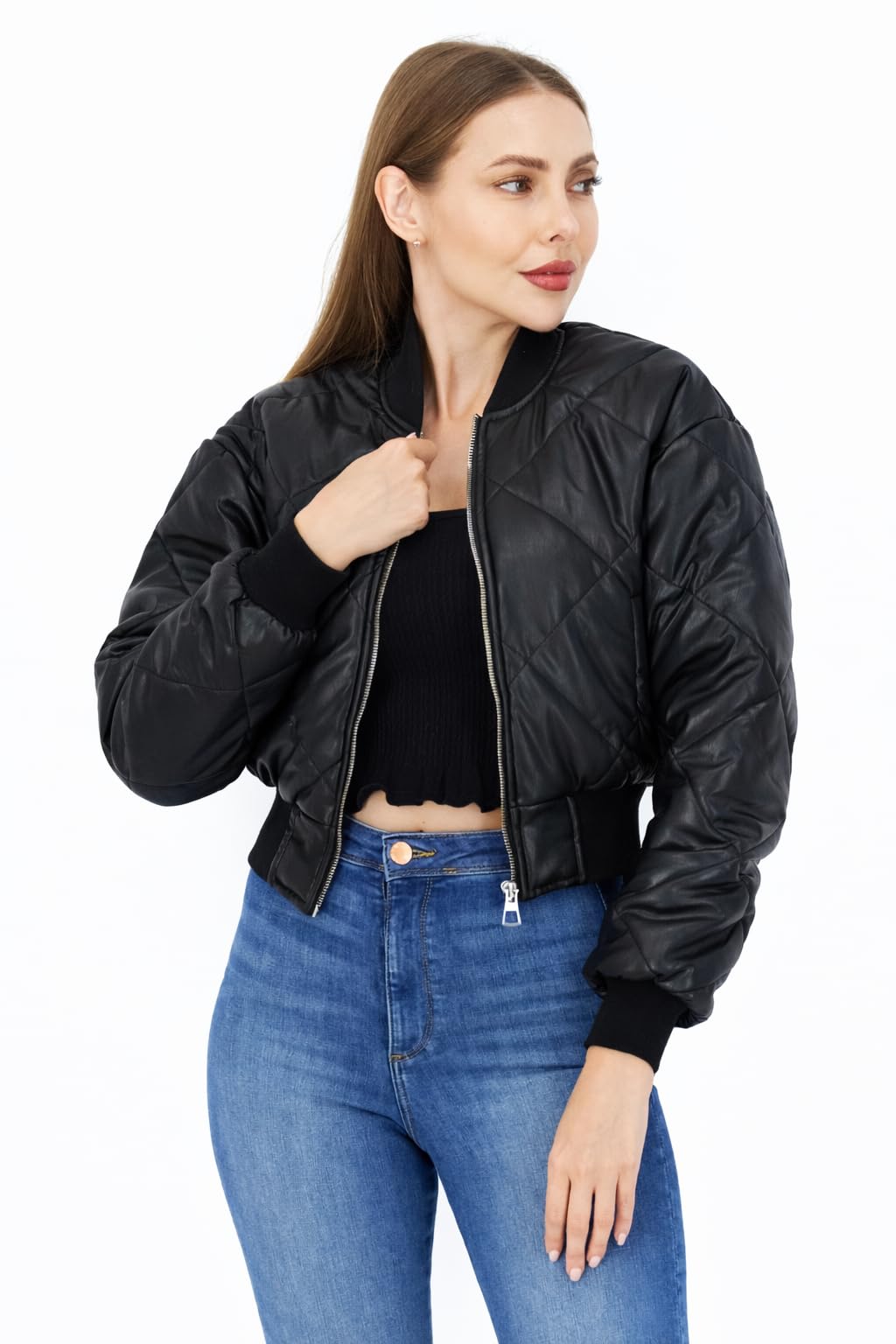 Don't Call Me Jennyfer Women's Quilted Puffer Bomber Jacket, Black, Long Sleeve, Zip Front, Band Collar, Casual Style, Size XS