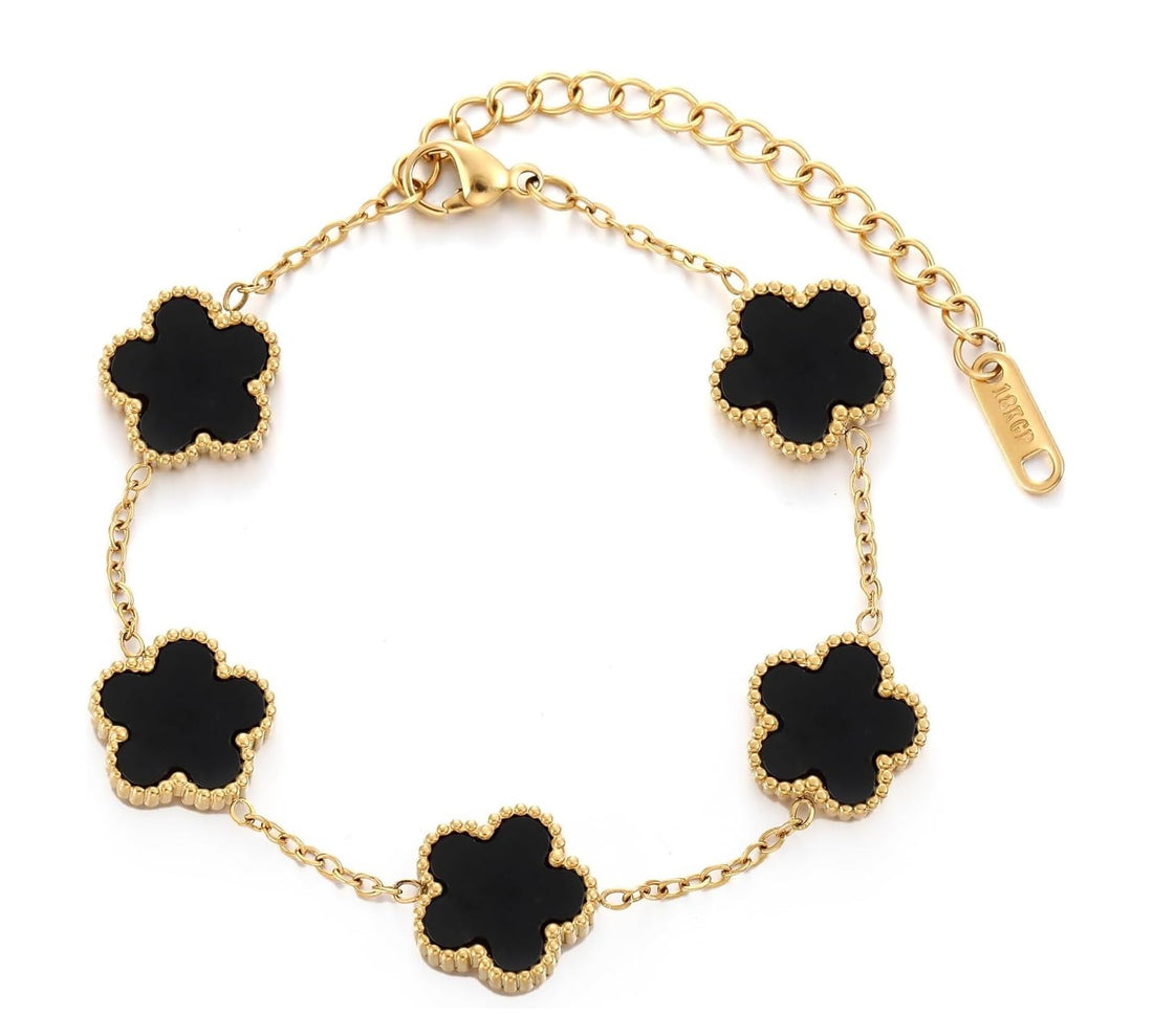 Women Five Flower Clover Bracelet Stainless Steel — Gold Tone Chain Bracelet with 5 Flower Charms & Adjustable Extension — Elegant Daily Jewelry Gift — N-Welt